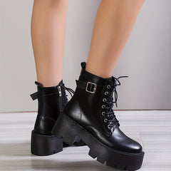 Women's Platform Combat Boots Lace Up Chunky Heel Ankle Boots