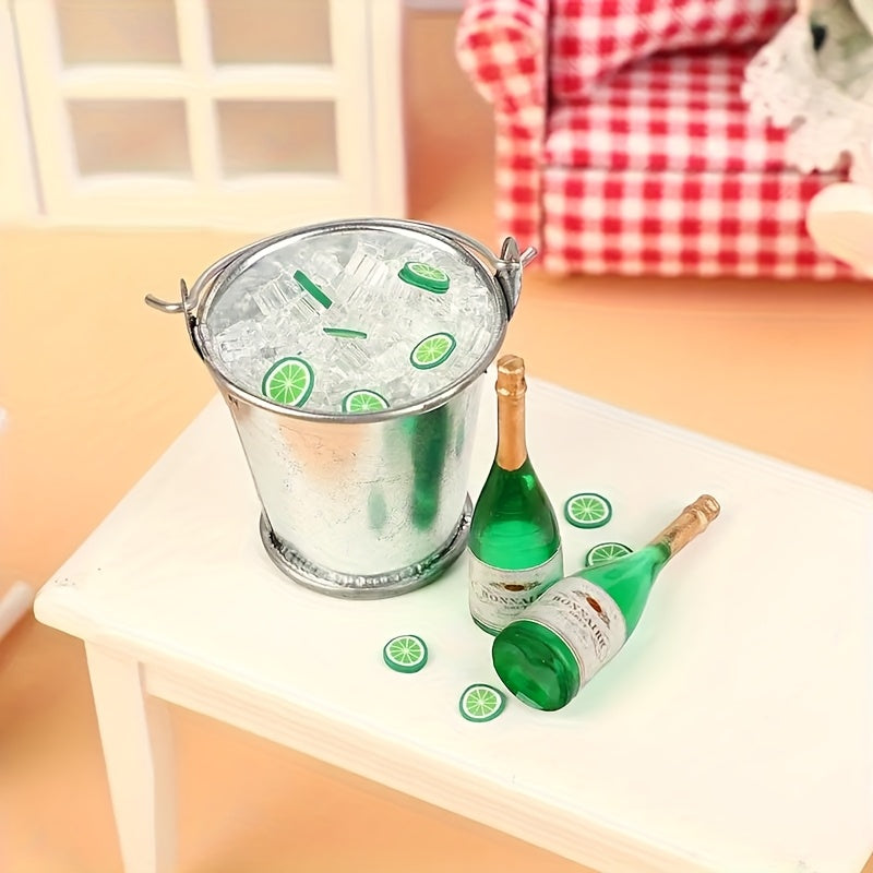Dollhouse Accessories Pretend Play Bar Set Green Champagne Bottle & Ice Bucket