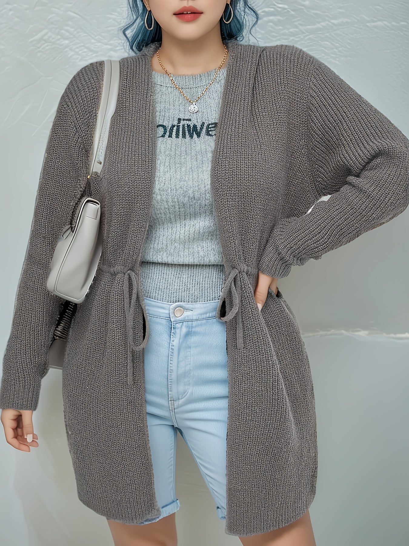 Solid Drawstring Sweater Cardigan Women's Plus Long Sleeve Casual Hood