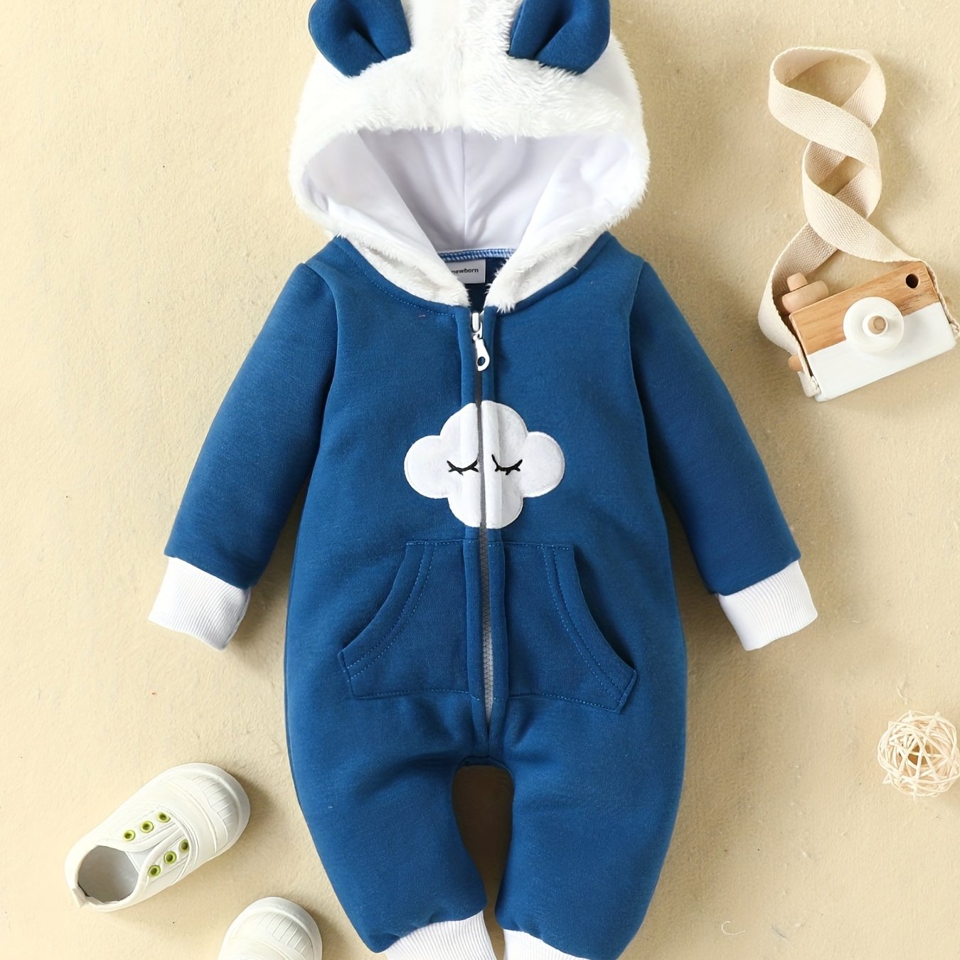 Baby Cloud Hooded Jumpsuit With Ears Fleece Outwear
