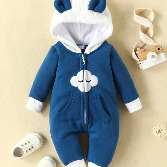 Baby Cloud Hooded Jumpsuit With Ears Fleece Outwear