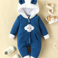Baby Cloud Hooded Jumpsuit With Ears Fleece Outwear