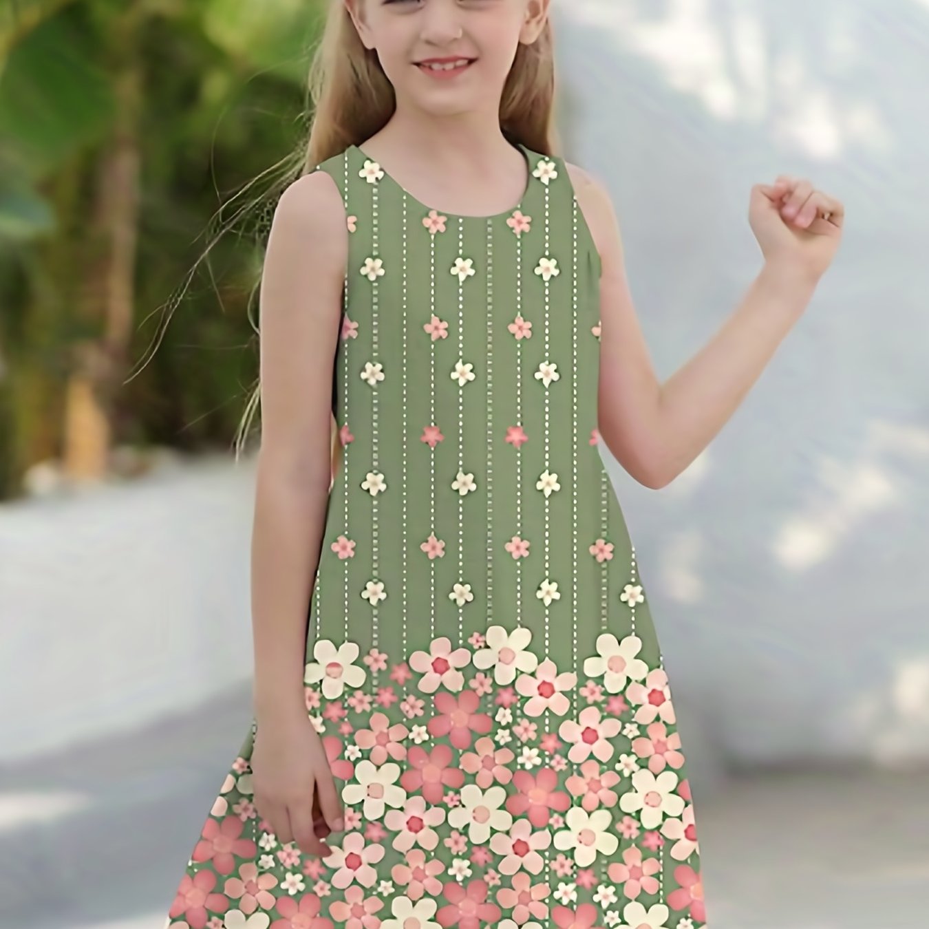 Girls Summer Princess Dress Stripe Flower Print Sleeveless Casual Outdoor Fun