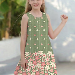Girls Summer Princess Dress Stripe Flower Print Sleeveless Casual Outdoor Fun
