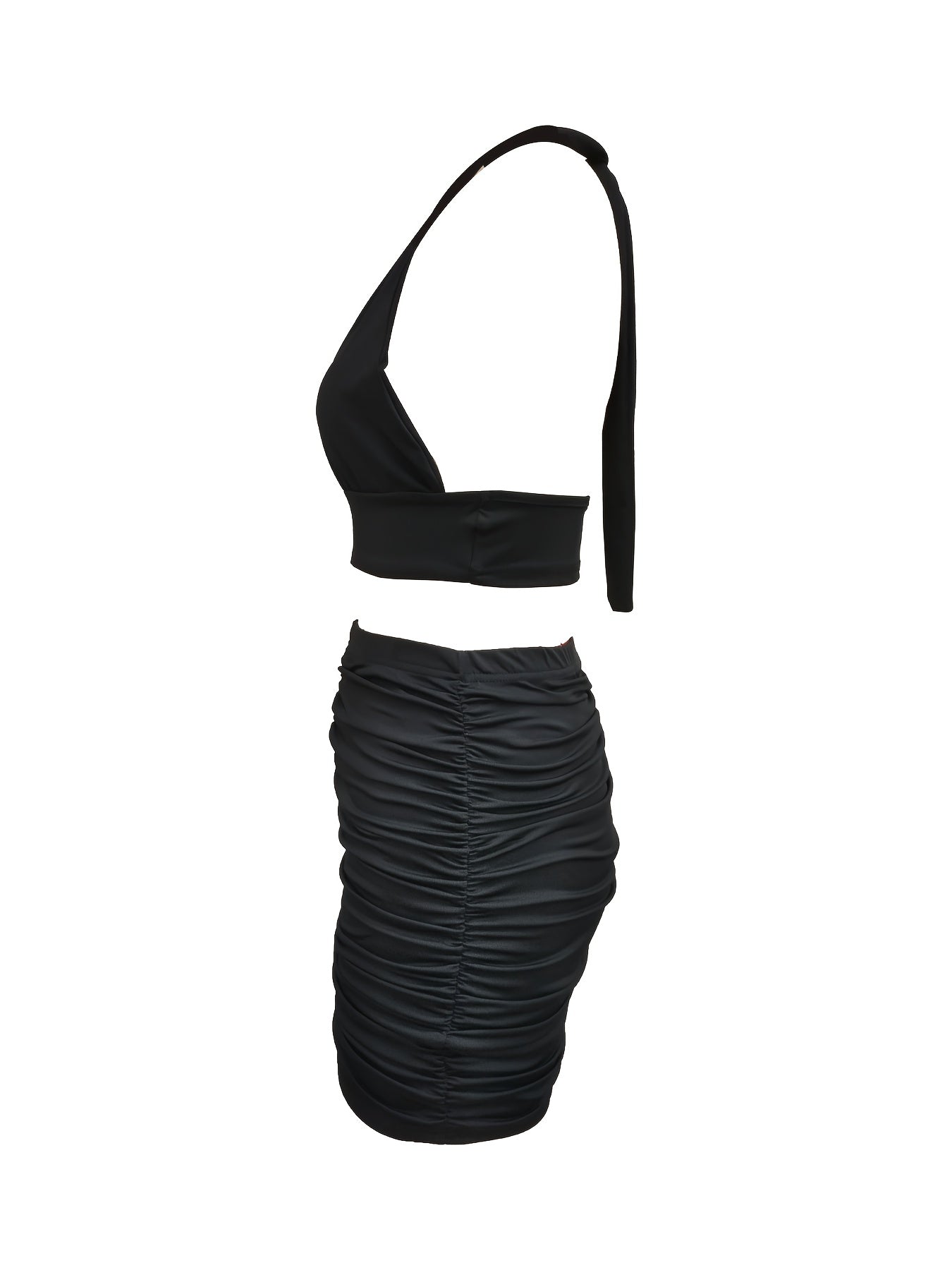 Solid Stretchy Party Two Piece Set Halter Neck Sleeveless Tops & Pleated Bag Hip