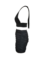 Solid Stretchy Party Two Piece Set Halter Neck Sleeveless Tops & Pleated Bag Hip