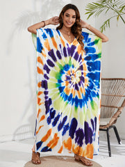 Boho Tie Dye Batwing Sleeve V Neck Kaftan Cover Up Dress