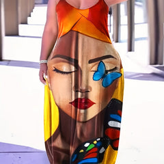 Colorblock Abstract Figure Butterfly Print Maxi Dress