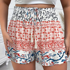 Boho Shorts Women's Plus Colorblock Floral Print Drawstring Tassel
