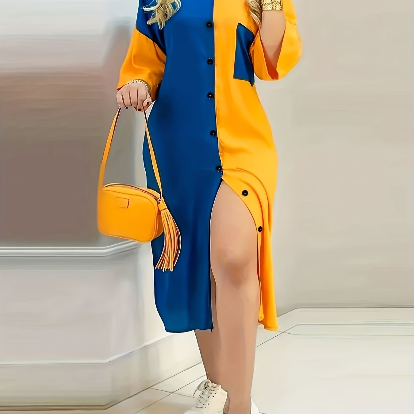 Colorblock Button Up Half Sleeve Shirt Dress