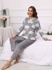 Cloud Print Pajama Set Long Sleeve Top & Flannel Pants