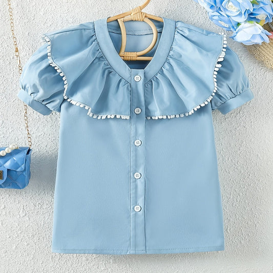 Girls Ruffle Collar Shirt Lace Puff Sleeve Top