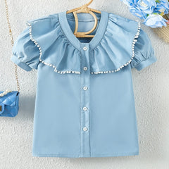 Girls Ruffle Collar Shirt Lace Puff Sleeve Top
