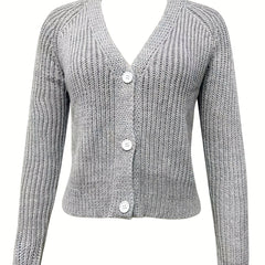 Long Sleeve Button Up Cardigan Solid V Neck Sweater Women's Clothing