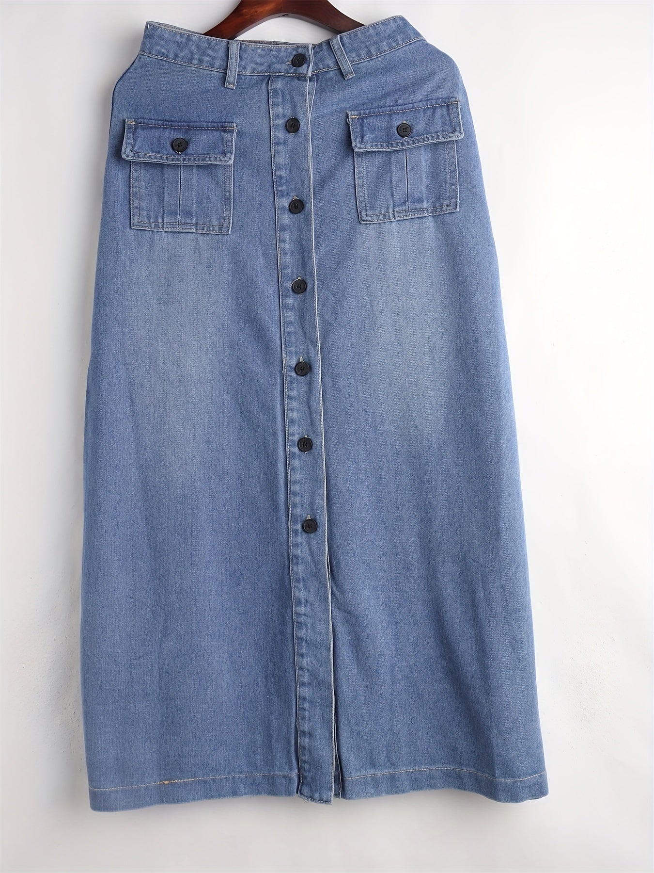 Solid Flap Pockets Denim Skirt Single Breasted Button Non Stretch