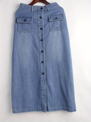 Solid Flap Pockets Denim Skirt Single Breasted Button Non Stretch