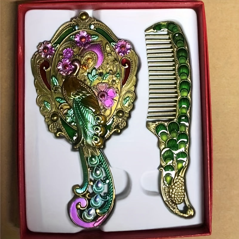 Vintage Peacock Handheld Mirror Comb Set
