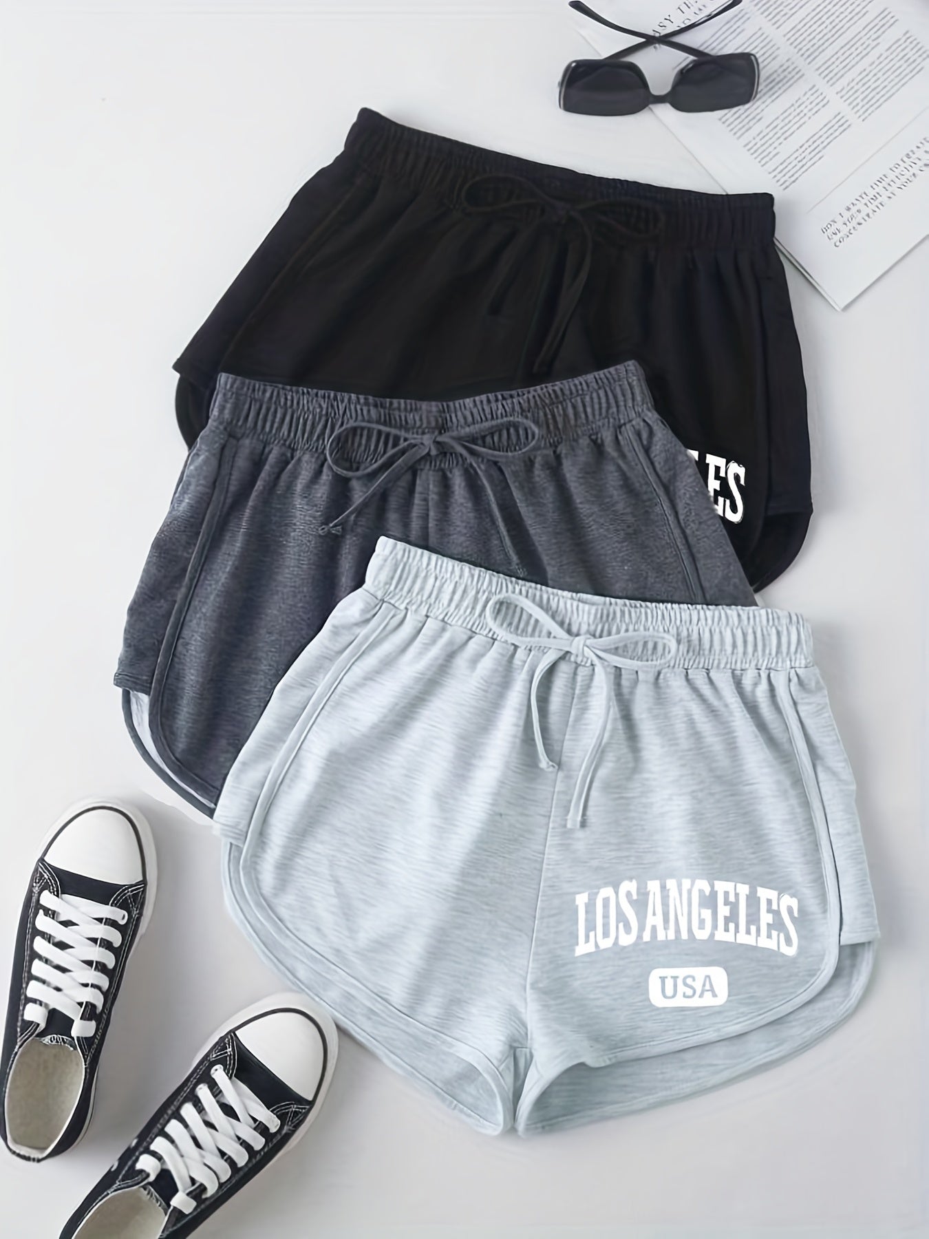 3 Pack Letter Print Drawstring Shorts for Women