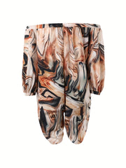 Marble Print Off Shoulder Long Sleeve Jumpsuit with Pockets