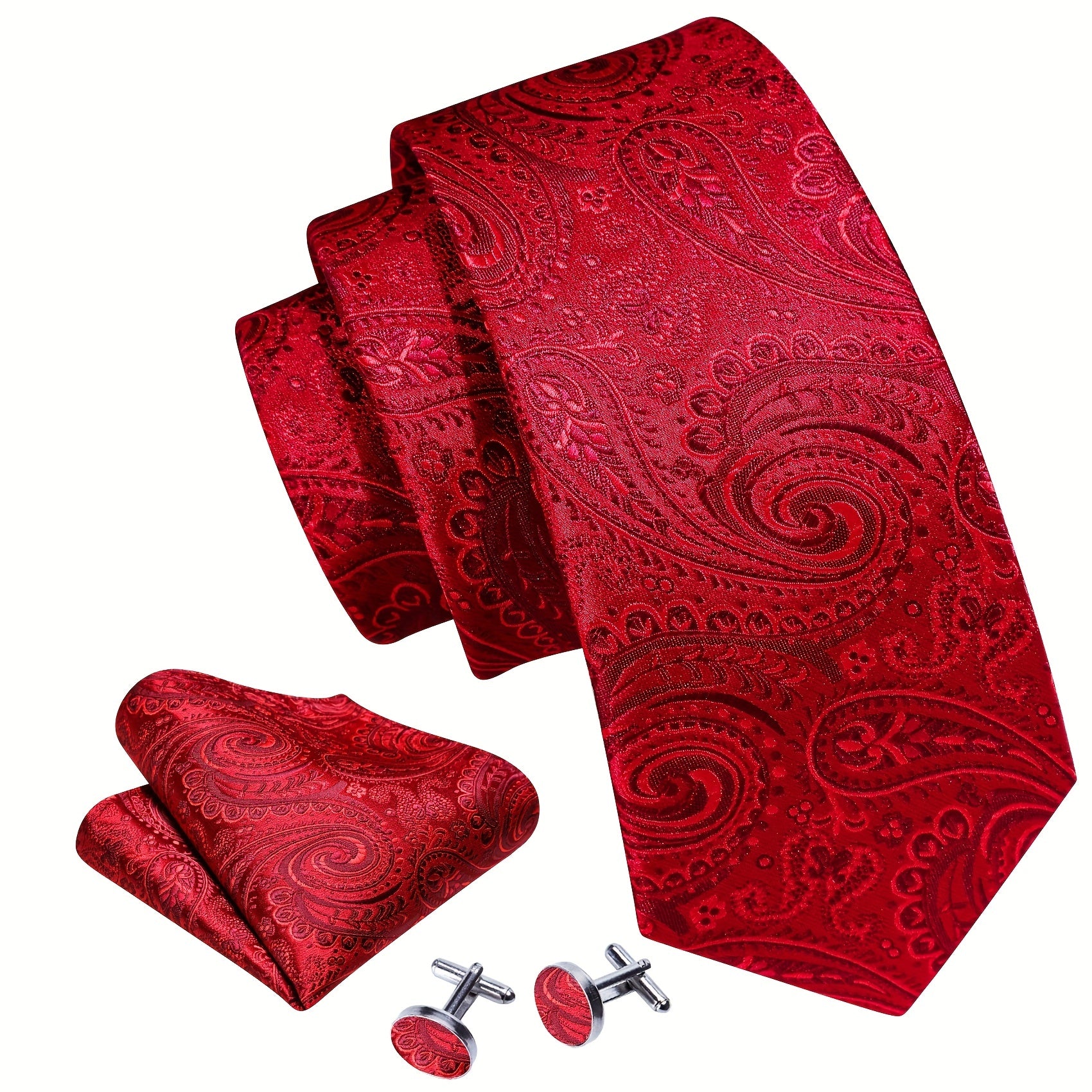 Barry Wang Men's Silk Ties Jacquard Red Paisley Floral Necktie Set