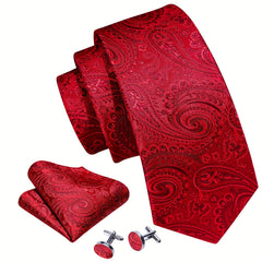 Barry Wang Men's Silk Ties Jacquard Red Paisley Floral Necktie Set
