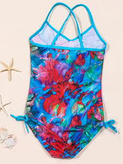Floral Flamingo Girls Swimsuit with Ruffled Trim