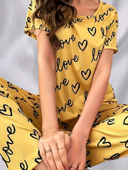 Heart & Letter Print Lounge Set Short Sleeve Top & Pants Women's Sleepwear