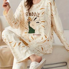 Bunny Print Pajama Set Long Sleeve Top & Pants Women's Sleepwear