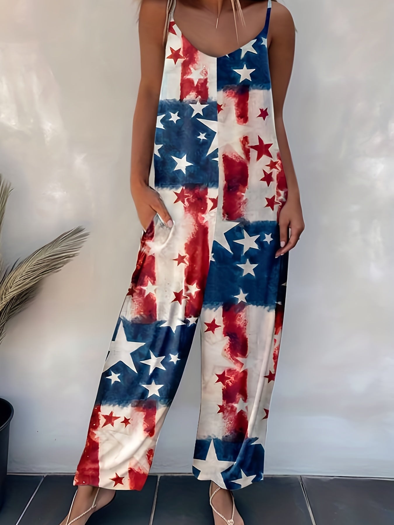 Flag Print Wide Leg Jumpsuit Sleeveless Casual Jumpsuit for Spring & Summer