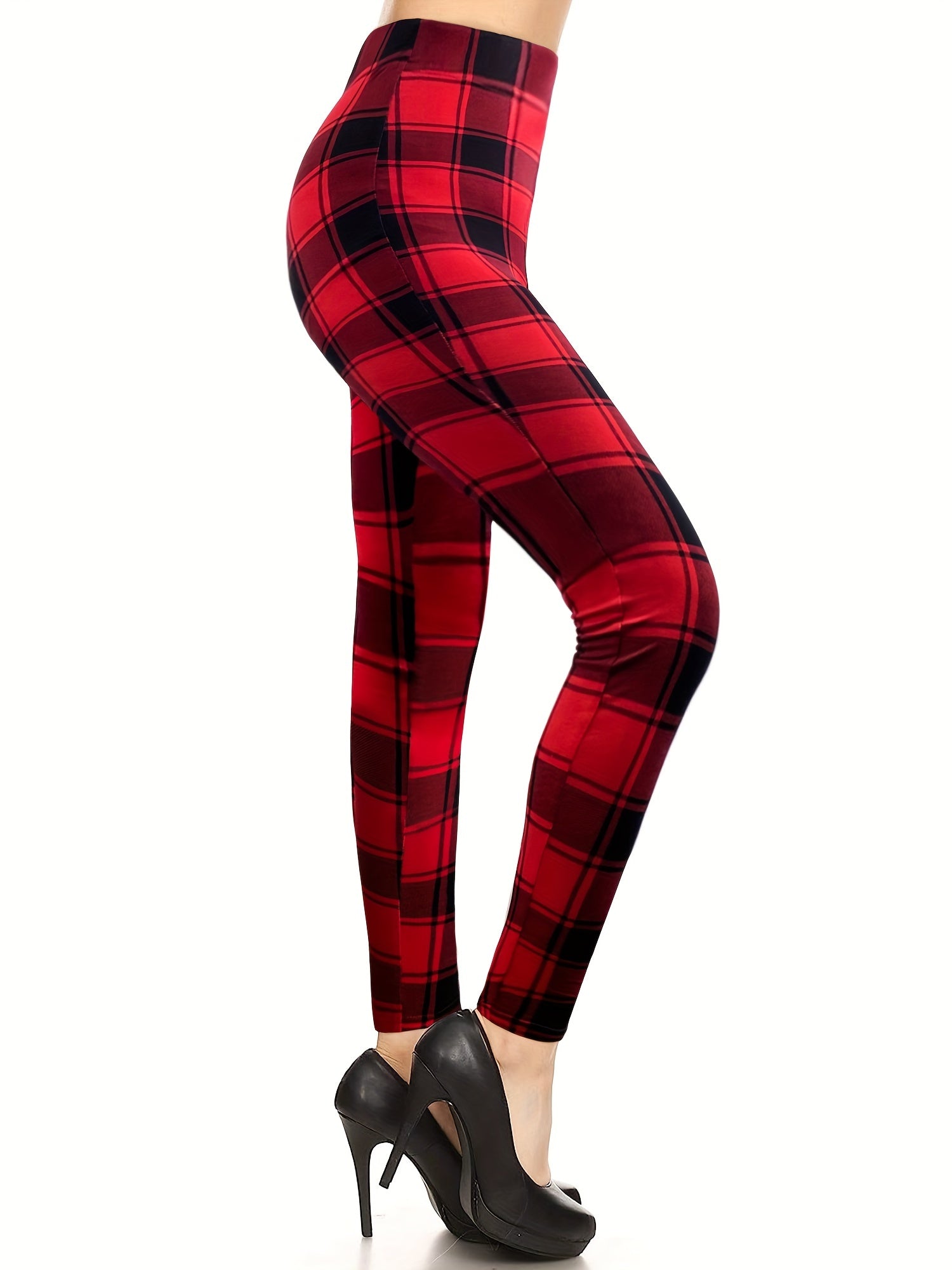 Plaid Pattern High Waist Skinny Leggings Casual Stretchy Leggings