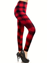 Plaid Pattern High Waist Skinny Leggings Casual Stretchy Leggings