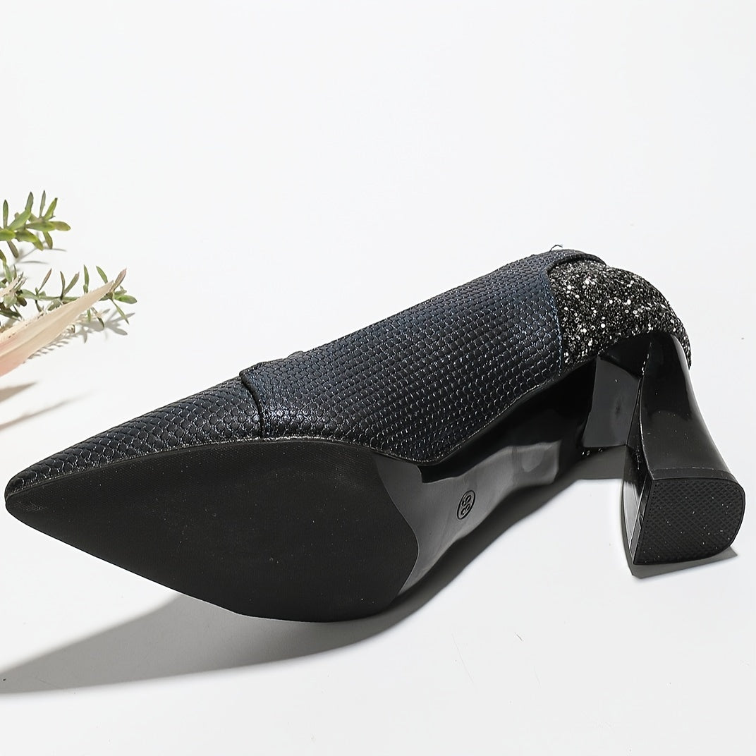 Women's Rhinestone High Heels Slip On Glitter Chunky Heels Dress Pumps