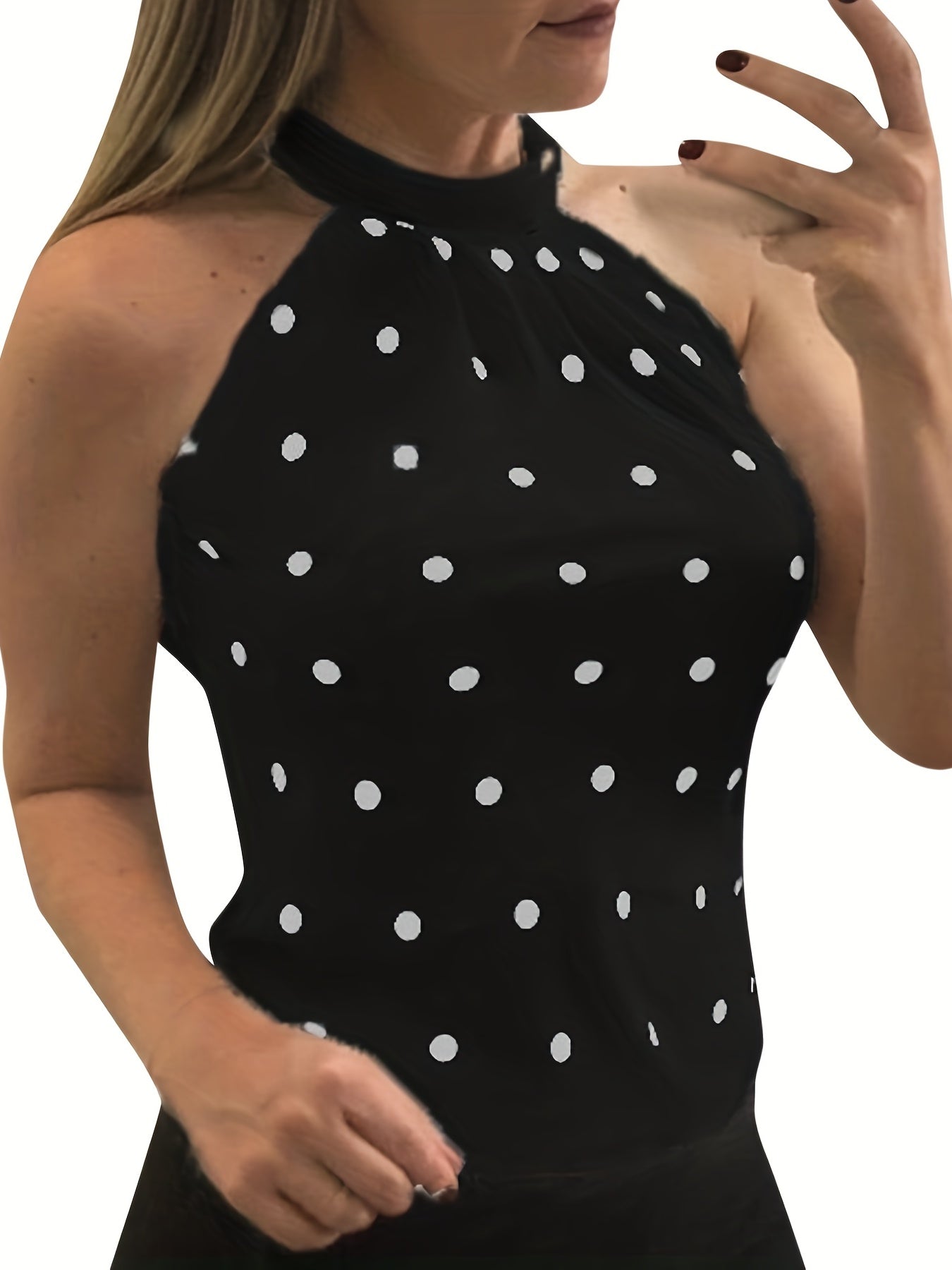 Polka Dot High Collar Top Sleeveless Summer Keyhole Top
