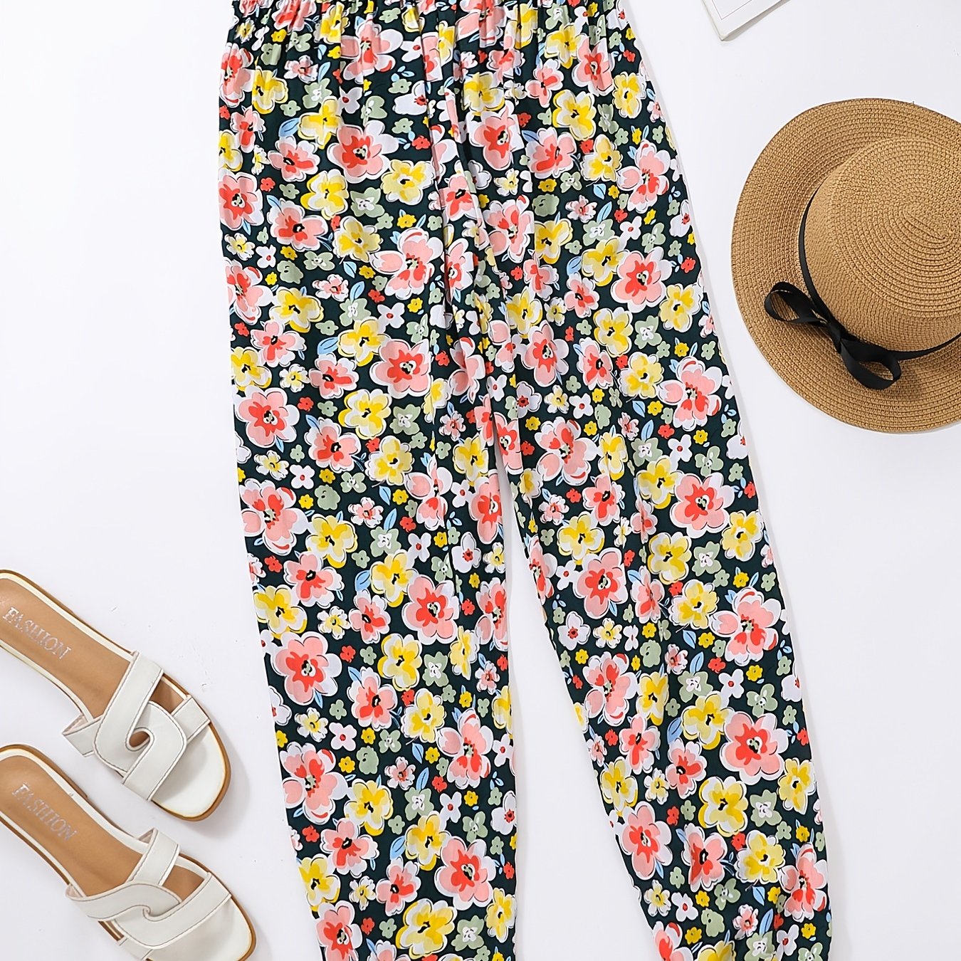 Flower Print Ruffle Trim Lantern Pants High Waist