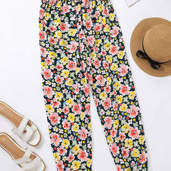 Flower Print Ruffle Trim Lantern Pants High Waist