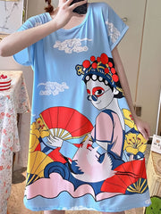 Cartoon Print Loose Sleep Dress & Short Sleeve Women's Loungewear