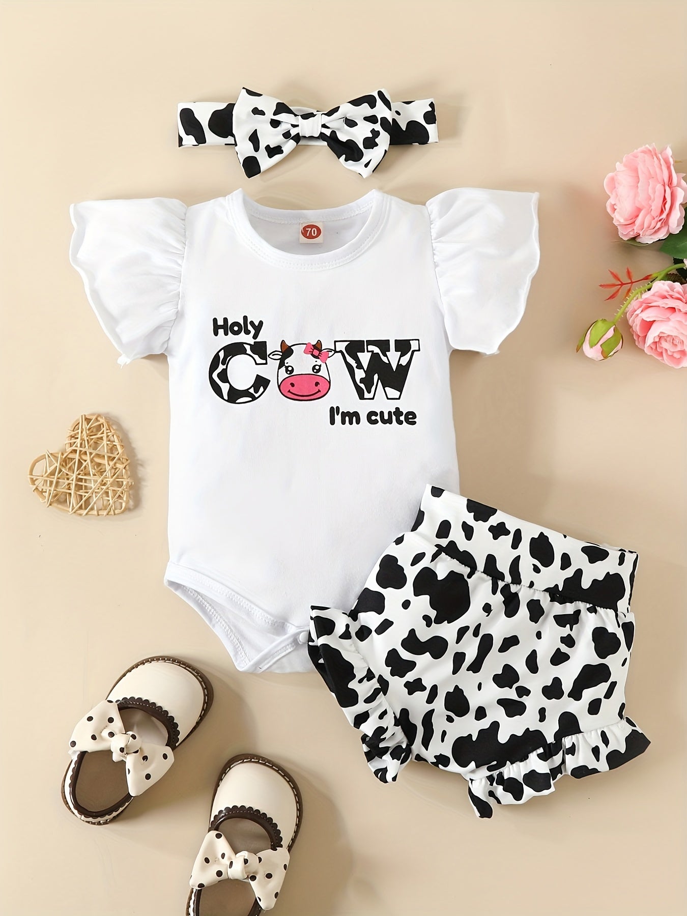 3pcs Baby Girls Cow Peach Print Ruffle Sleeve Shorts Headband Set Clothes
