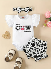 3pcs Baby Girls Cow Peach Print Ruffle Sleeve Shorts Headband Set Clothes