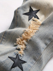 Embroidery Star Pattern Letter Print Slim Fit Ripped Jeans Men's