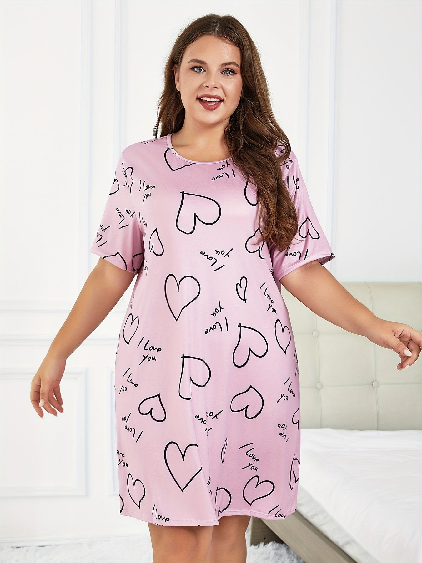 Lounge Dress Women's Plus Heart & Slogan Print Tee Nightdress