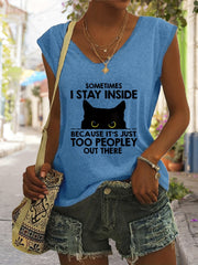 Cartoon Cat Print Tank Top V Neck Casual Top for Women