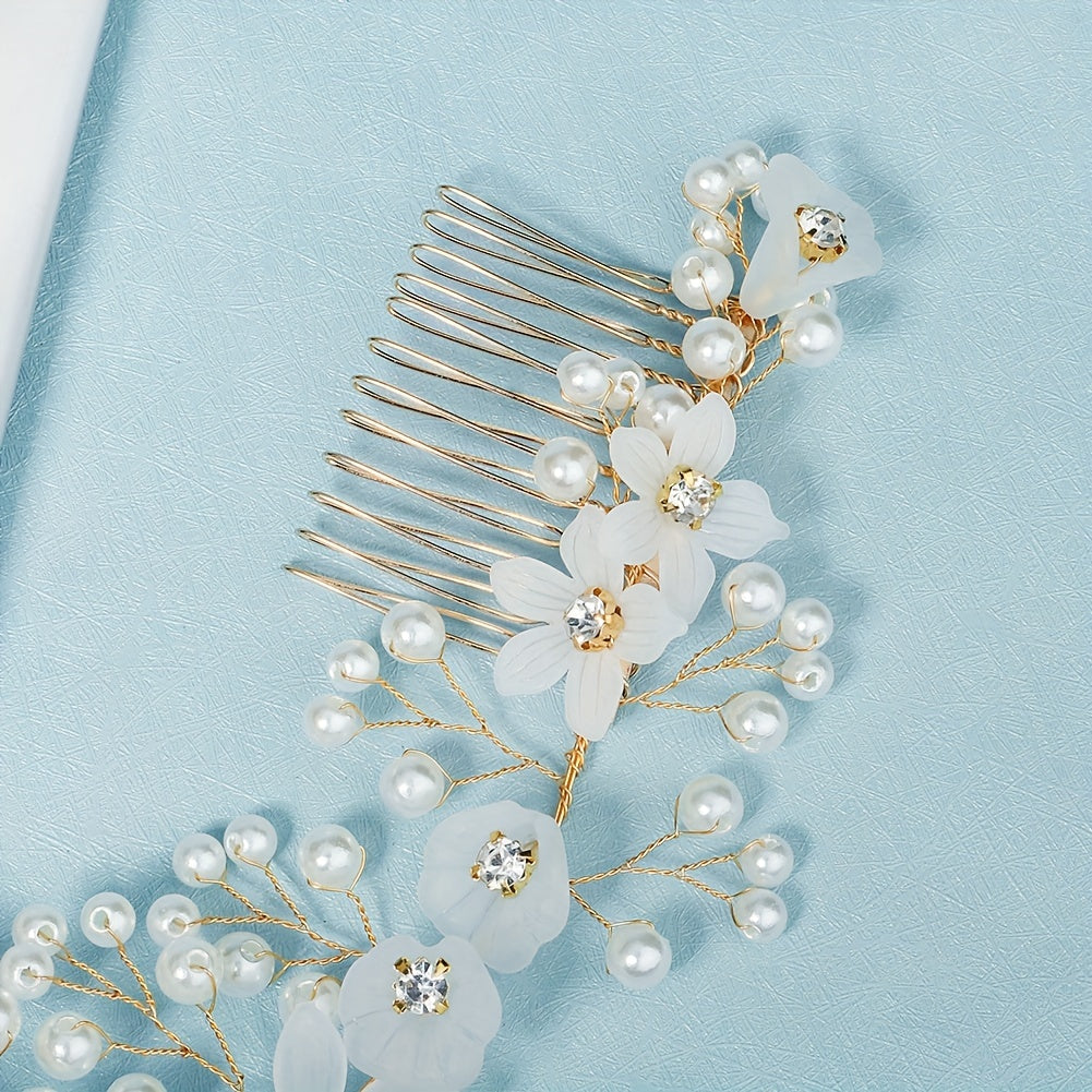 Flower & Faux Pearl Hair Comb Bridal Wedding Headwear