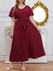 Solid Ruffle Sleeve V Neck Formal Dress