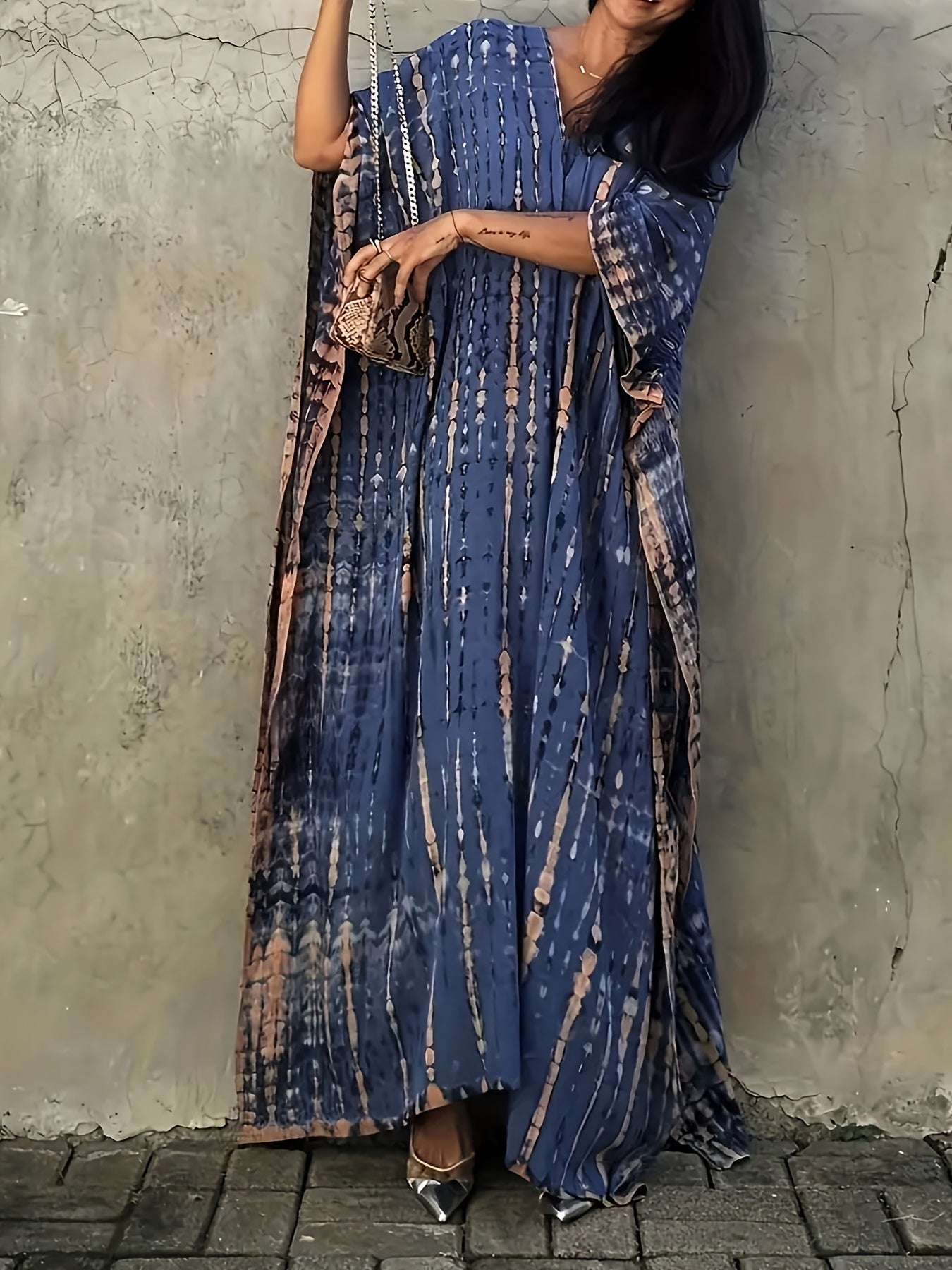 Tie Dye Stripe Cover Up Dress Bat Sleeve Round Neck