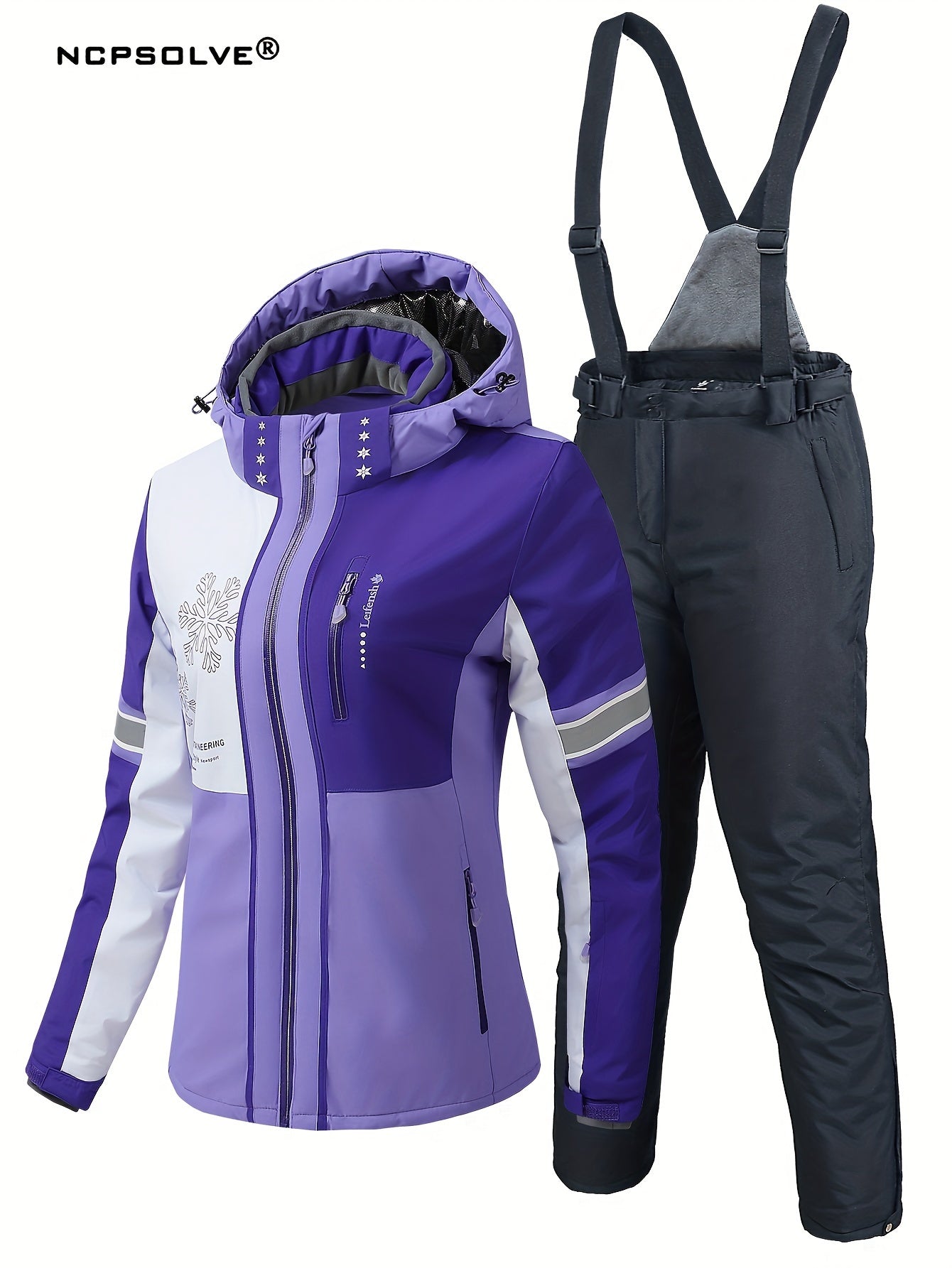 Snowflake Print Ski Set Long Sleeve Hooded Jacket & Suspender Trouser