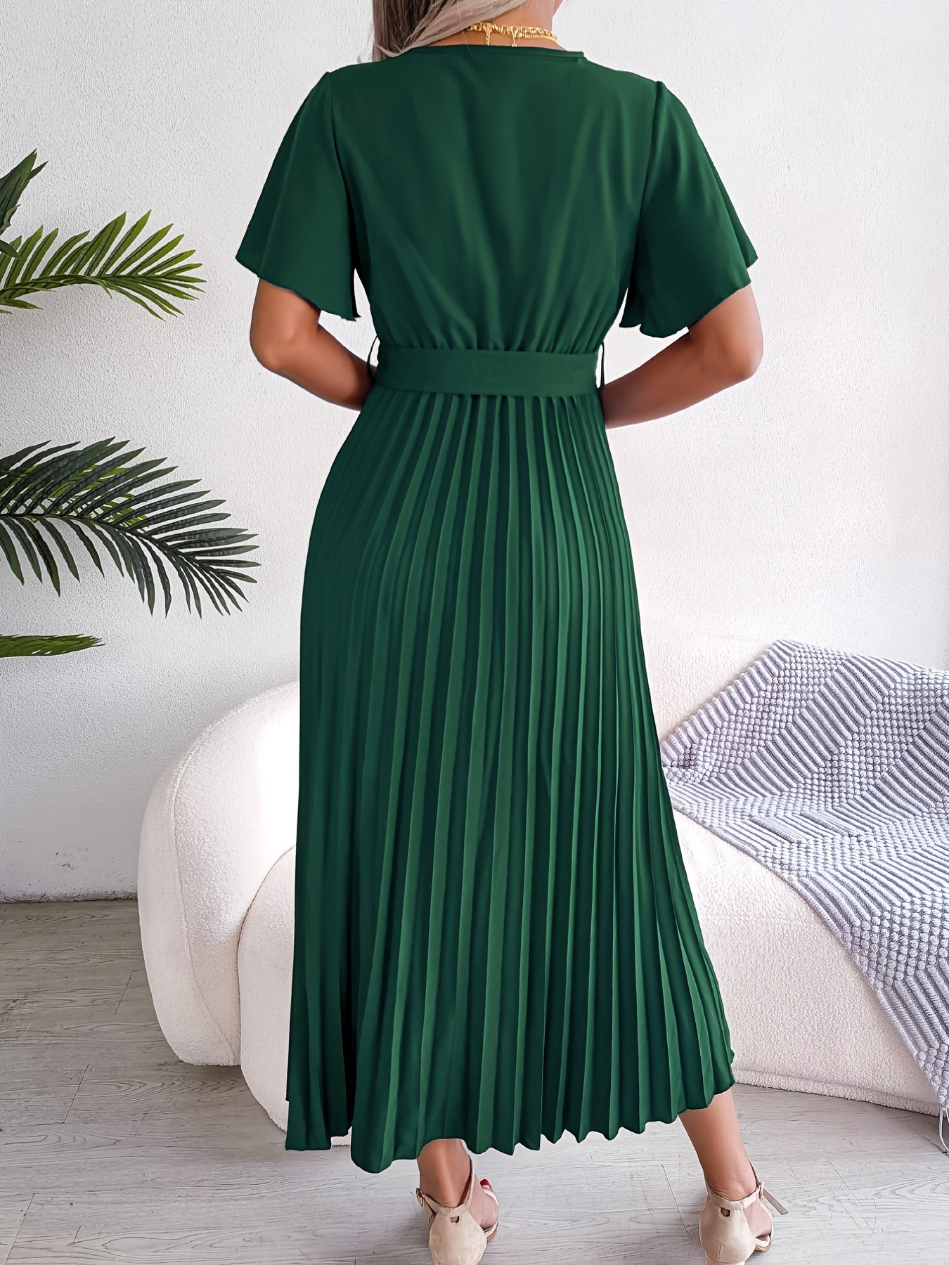 High Waist Pleated Maxi Dress Tie Up Ruffled Sleeve Loose Dress