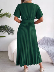 High Waist Pleated Maxi Dress Tie Up Ruffled Sleeve Loose Dress