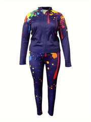 Women's Plus Splash Print Zip Up Top & Leggings 2PC Set