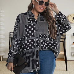 Casual Blouse Women's Plus Patchwork Print Long Sleeve Notched Neck