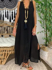 Boho Lace Sleeveless Maxi Dress V Neck Loose Solid